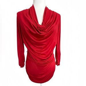 Vintage 90s Cache Red Ruched Bodycon Mini Dress Cowl Neck Glam Y2K Size M
